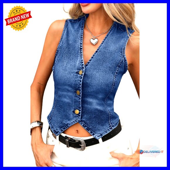 Cropped Denim Vest Fitted Waist V-Neck Slim Fit Medium